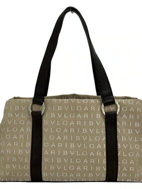 BVLGARI Logo Mania Beige Dark Brown Cream Jacquard Leather Handbag